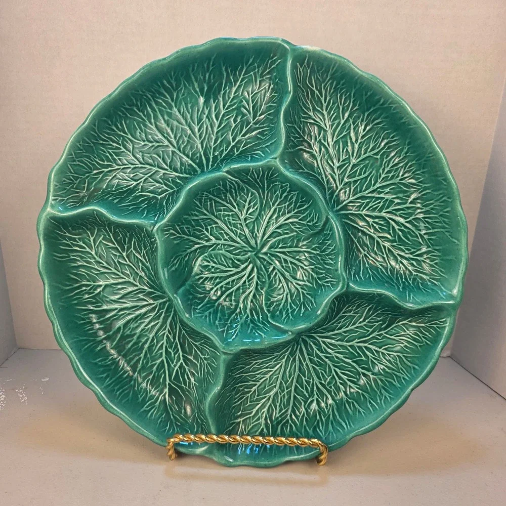 VTG Majolica Cabbage Leaf 5-Section Serving Dish‎ California Pottery R111 Green